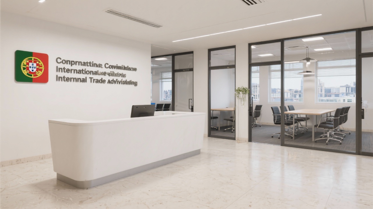Reception area of contemporary Lisbon office with meeting rooms and signage prepared to welcome Portuguese corporate clients seeking international trade advisory sessions.