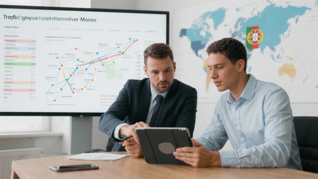 Two trade consultants reviewing tariff schedules and route optimization diagrams on tablet during strategy meeting focused on Portuguese exporters entering new global markets.