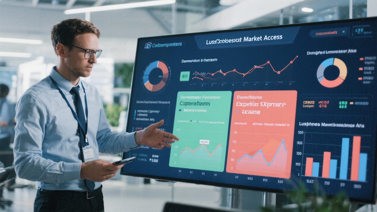 Analyst presenting comparative market access data on interactive screen with charts covering demand forecasts and compliance barriers for Lusophone exporters expanding abroad.