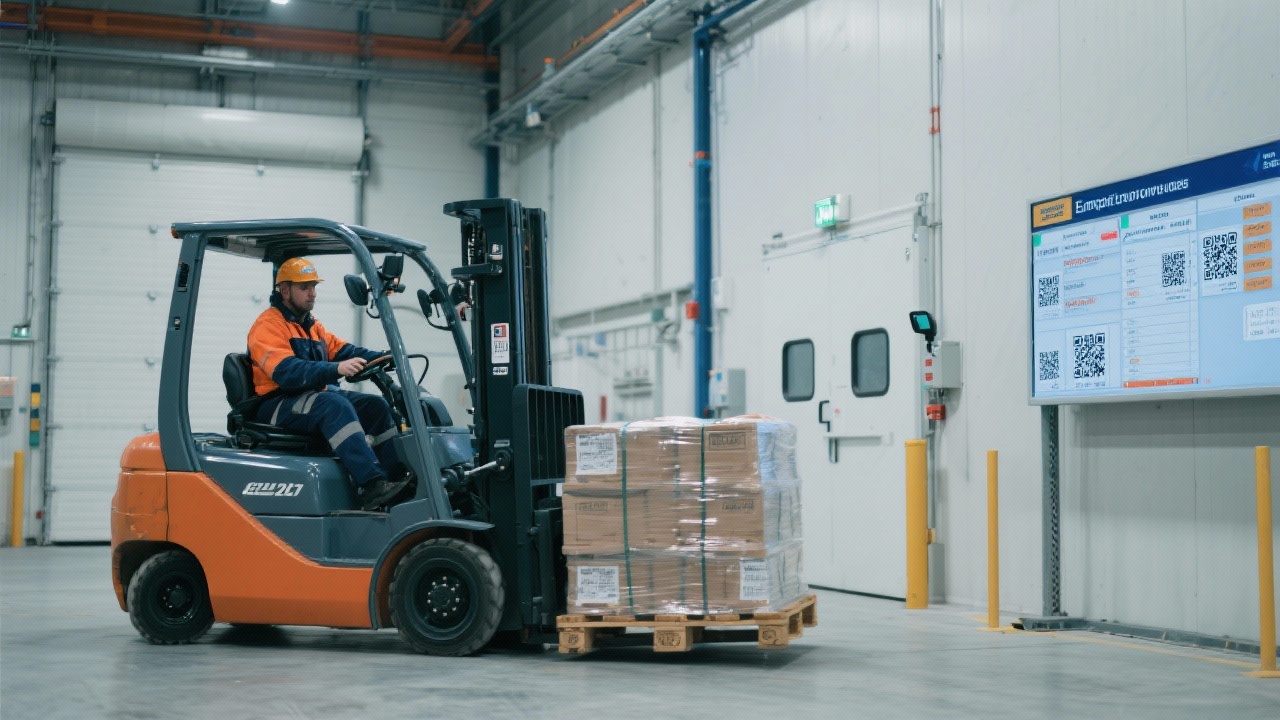Forklift operator moving export pallets inside climate-controlled warehouse with barcode scanners and digital tracking boards to maintain shipment integrity for European clients.